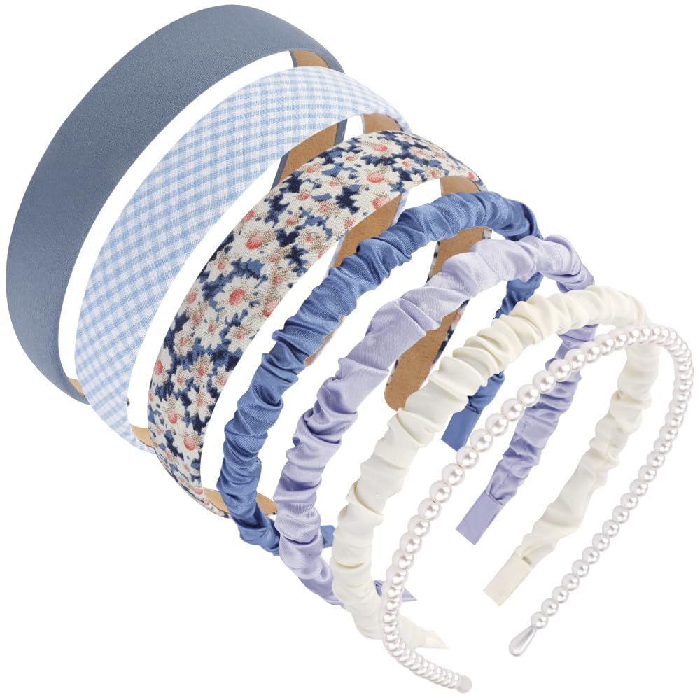 AHONEY 7 Pack Headbands for Girls Women Headbands Trendy Non Slip Hairbands Cute Hair Accessories Multi-style Preppy Headband Pack Diademas Para Mujer (Blue)