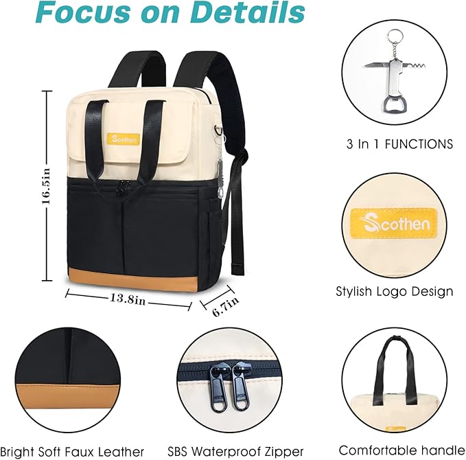 Backpack Cooler with Double Decker & 12 Ice Packs- Keeps 36 Cans Cold for Up to 24 Hours- Waterproof & Leak Proof Insulated Cooler Backpack- Stylish Cooler Bookbag for Women Travel Work Beach