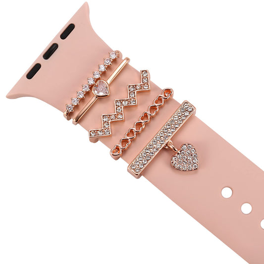 Decorative Heart Rings Loops Compatible with Apple Watch Silicone Bands Charms 45mm 44mm 42mm 41mm 40mm 38mm 7 6 5 4 3 2 1 Diamond Love metal Charms Slide Accessories for iwatch Series 7 6 5 4 3 2 1