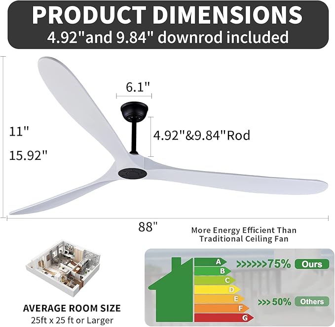 Bigzone 88" Indoor Ceiling Fan With Remote Control, DC Motor Quiet Energy Saving,3 White Balsa Wood Blades,Outdoor/Indoor Ceiling Fan With Reversible Blades