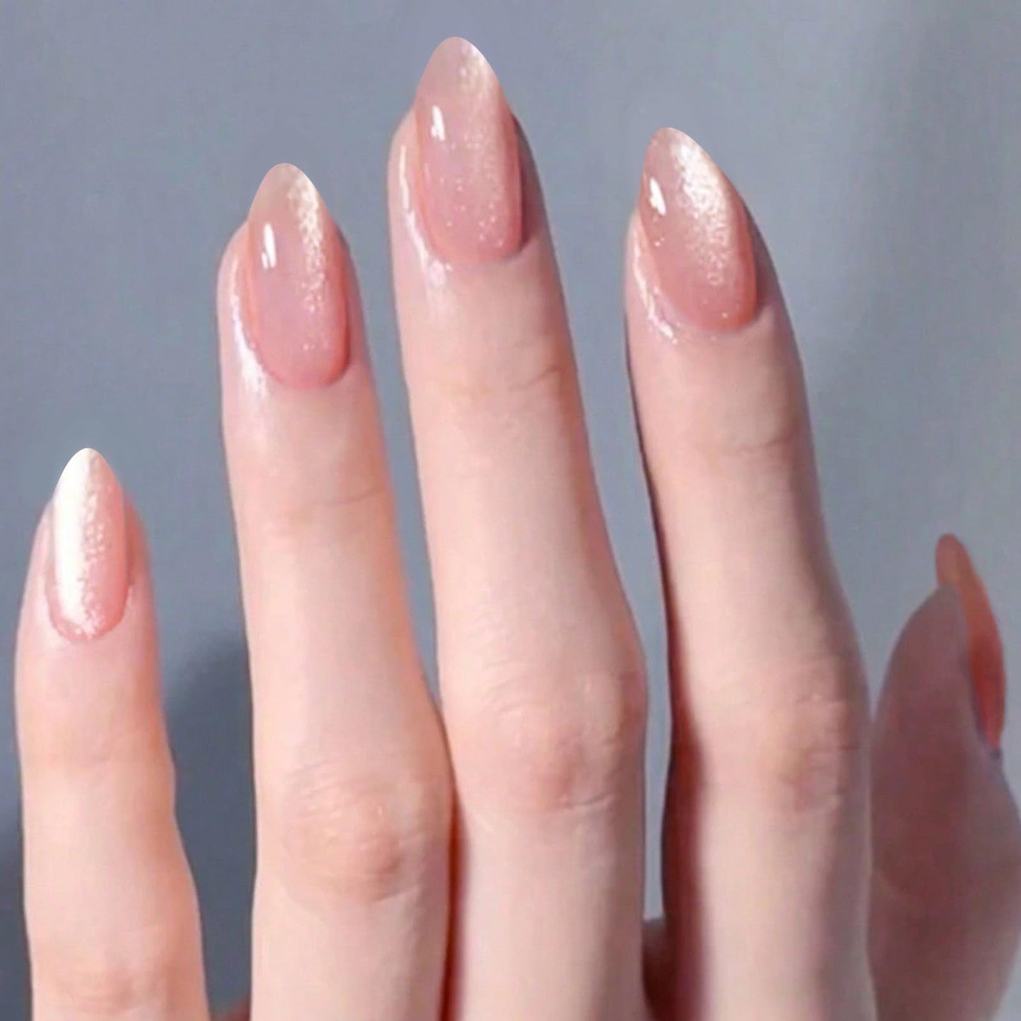 GLAMERMAID Pink Press on Nails Short Almond, Handmade Magnet Cat Eyes Jelly Gel Fake Nail Kits, Ombre Glitter Magnetic Glue on Nail Stiletto, Mermaid Medium Oval Stick on False Nail Set for Women