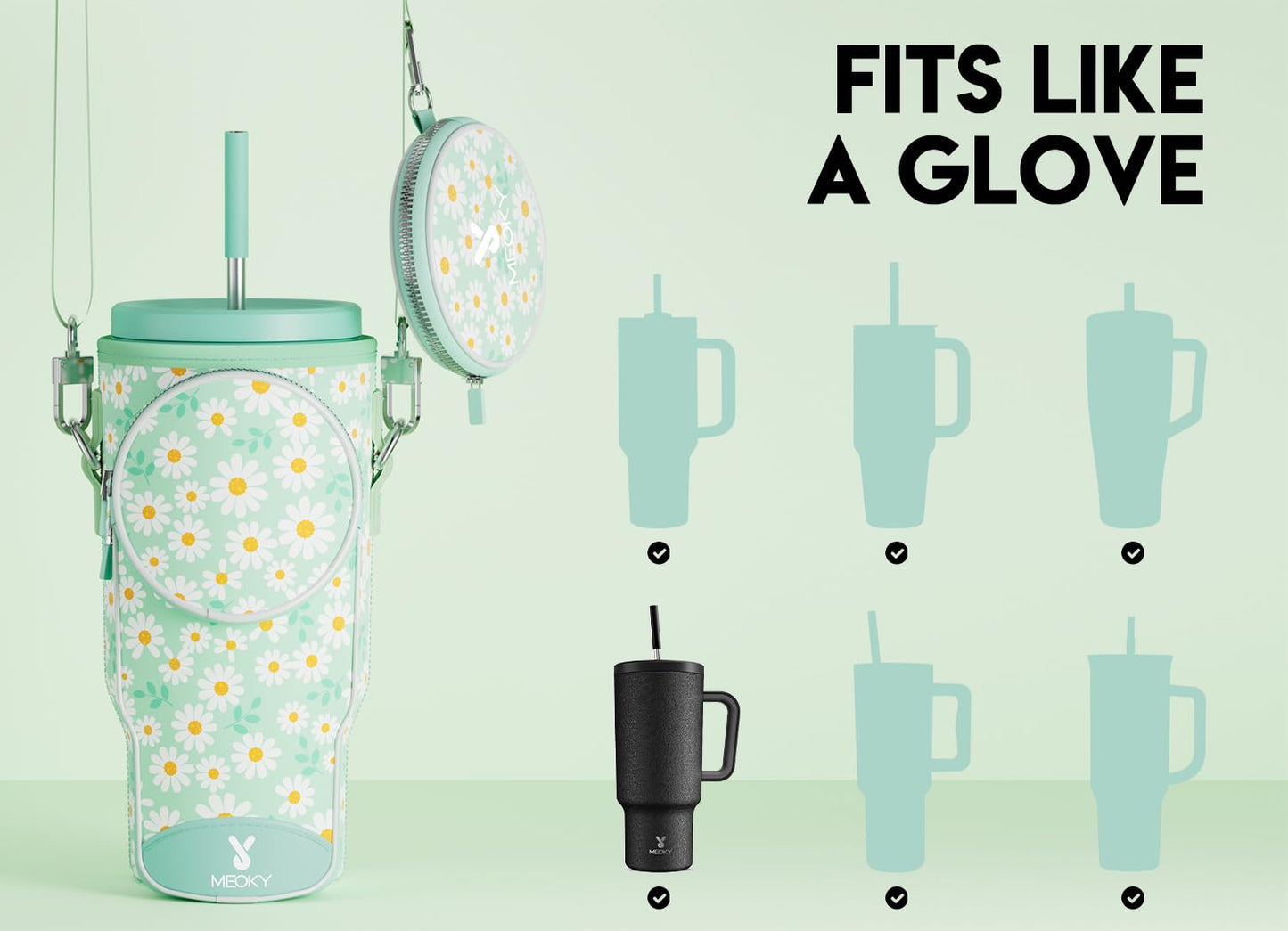 Meoky Water Bottle Carrier Bag with Phone Pocket for 40 oz Tumbler with Handle, Neoprene Water Bottle Holder Pouch with Adjustable Strap, 2 Carabiner Clips (Daisy)