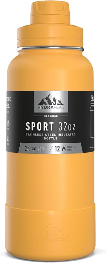Hydrapeak 32oz Sport Insulated Water Bottle with Chug Lid, Leak & Spill Proof, Keeps Drinks Cold for 24 Hours, Hot for 12 Hours, Premium Stainless Steel Water Bottles (32oz, Tangerine)
