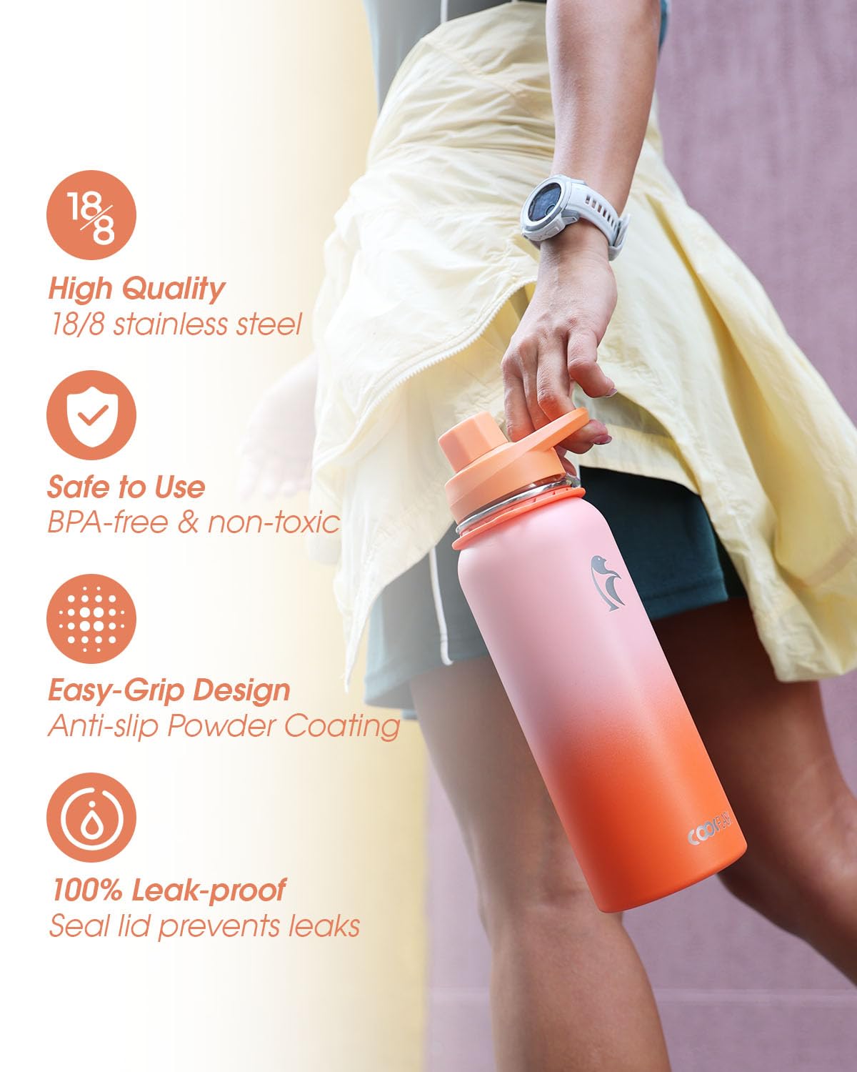 Coolflask Insulated Water Bottle with Straw, 40 oz Metal Water Flask with Straw & Spout Lids, Stainless Steel Double Wall Vacuum, Keep Cold 48h Hot 24h, Leak Proof & Non-BPA, Sunny Orange