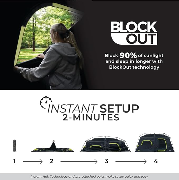CORE Blackout Instant Cabin Tent | Large Family Pop Up Dark Room Tent with Easy Camp Setup | Included Storage Pockets for Outdoor Camping Accessories