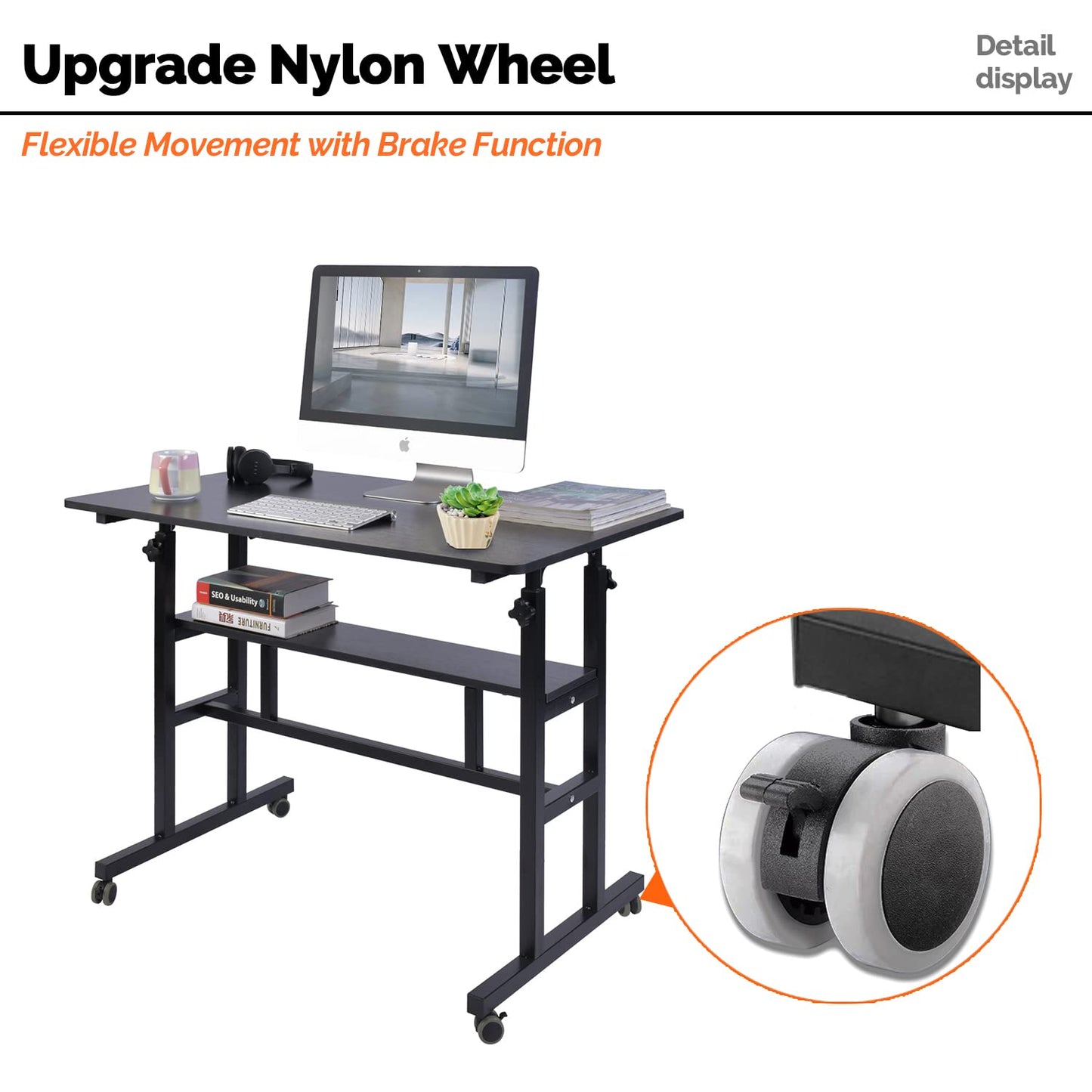 AIZ Mobile Standing Desk, Adjustable Computer Desk with Rolling Wheels, Home Office Double-Layer Computer Workstation with USB Ports and Outlets, Portable Laptop Table for Standing or Sitting, Black