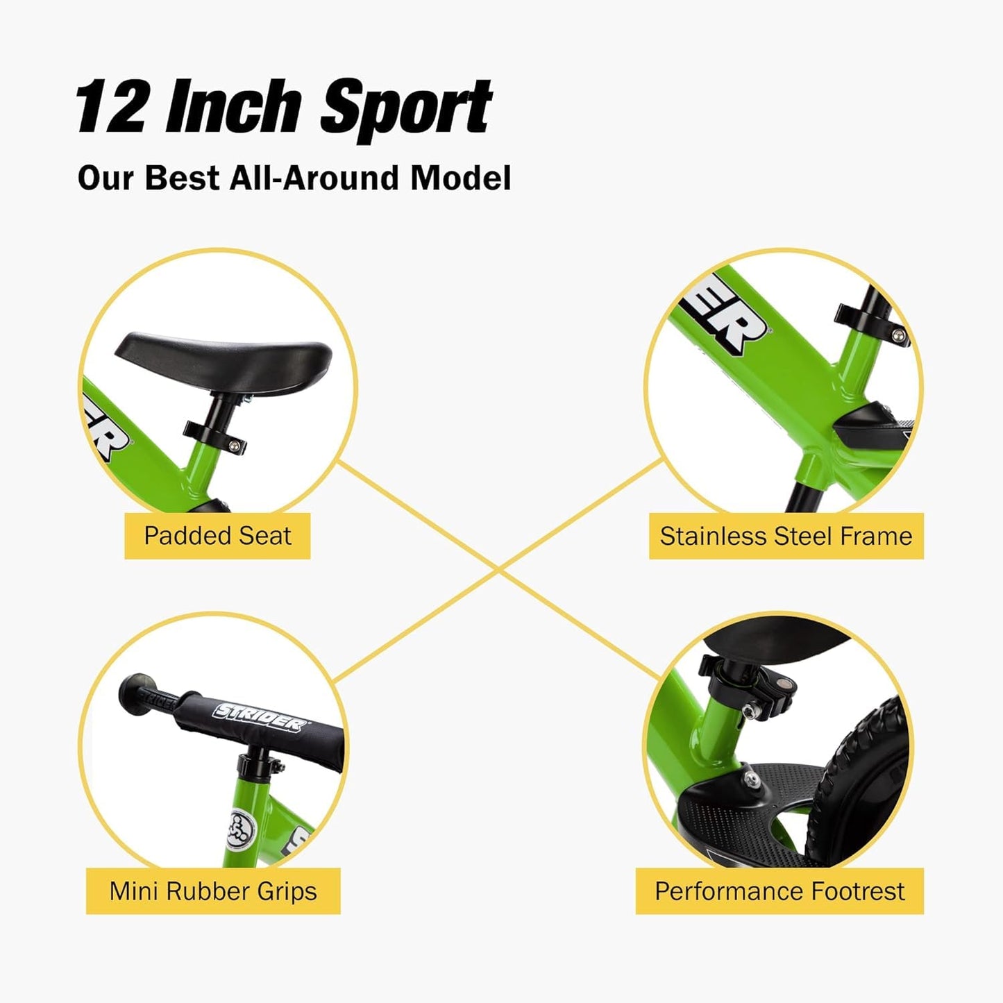 Strider 12” Sport Bike, Green - No Pedal Balance Bicycle for Kids 1 to 4 Years - Includes Safety Pad, Padded Seat, Mini Grips & Flat-Free Tires - Tool-Free Assembly & Adjustments