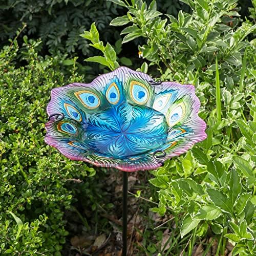 MUMTOP Glass Bird Bath, Garden Outdoor Birdbaths Birdfeeder with Metal Stake Peacock Bird Baths for Outside Yard