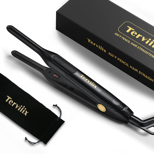Terviiix Mini Flat Iron and Hair Straightener for Short Hair, Edges, and Pixie Cut - 3/10 Inch Skinny Pencil Straightener for Black Women's Baby Hair, LCD Digital Display, Dual Voltage