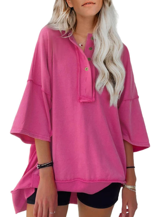 AlvaQ Women's Oversized Shirts Short Sleeve Sweatshirt Henley Neck Summer Tops Casual Loose Basic Tee Shirts 2024 Trendy Clothes Tunic Blouse Rose Large