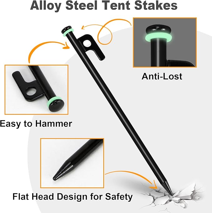 10 inch Tent Stakes Heavy Duty 12 PCS Camping Tent Stakes for Yard and Ground with Reflective Camping Ropes and Pegs Bag(Black)