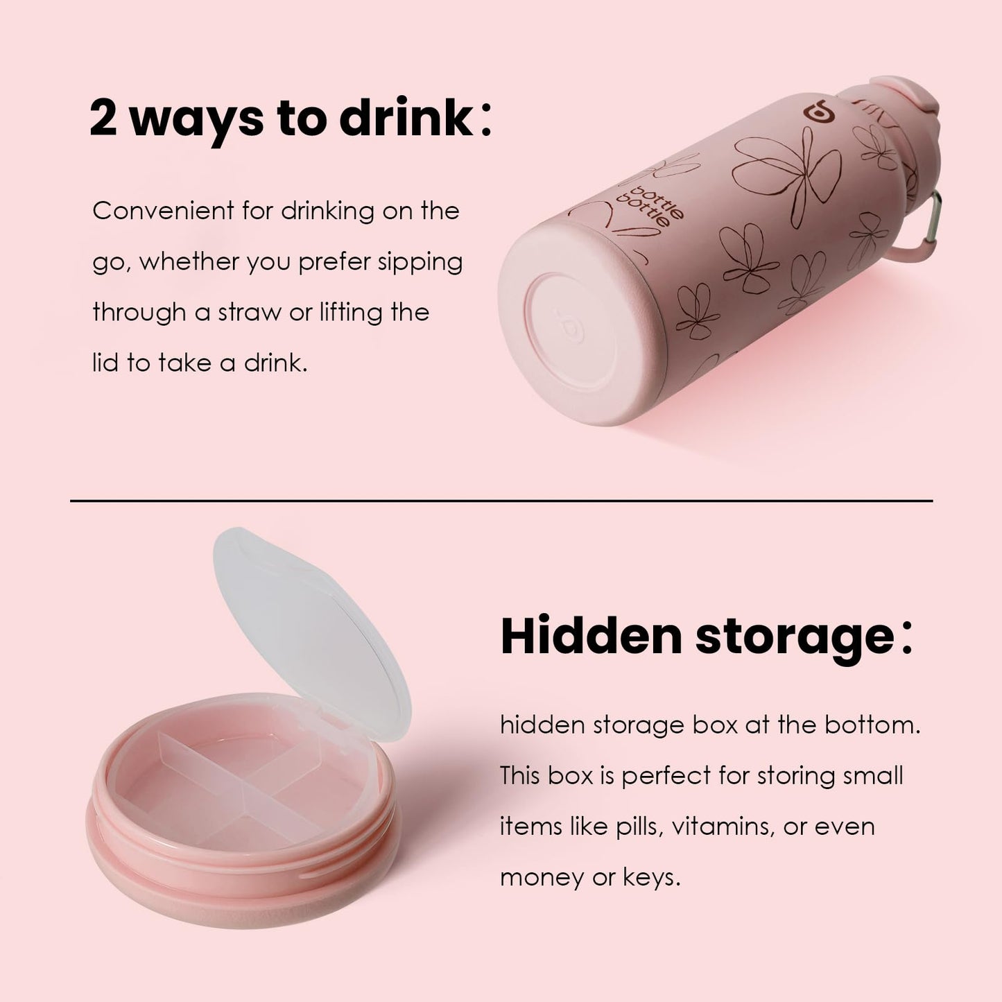 BOTTLE BOTTLE 32oz Insulated Water Bottle Stainless Steel Sport Water Bottle with Straw Dual-use Lid Design for Gym with Pill Box (pink flower)