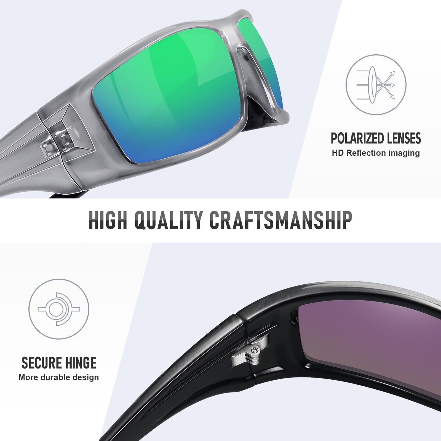 Ofwin Polarized Sports Sunglasses for Men Women Unbreakable Frame Cycling Fishing Wrap Around Sunglasses UV400 Protection Glossy Gray Silver Frame/Green Mirror Lens
