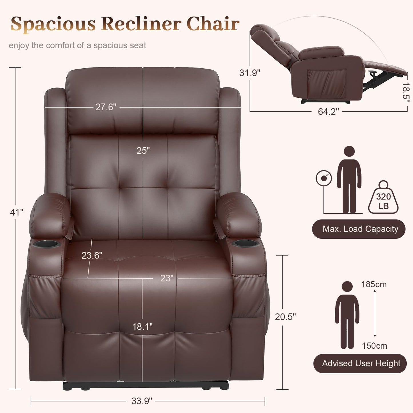 Aotolo Extra Wide Seat Recliner Chair with Heat and Back Massage, Electric Power Oversized Reclining Chair Infinite Position with Storage Armrests & 2 Cup Holders for Living Room, Manual Recliners