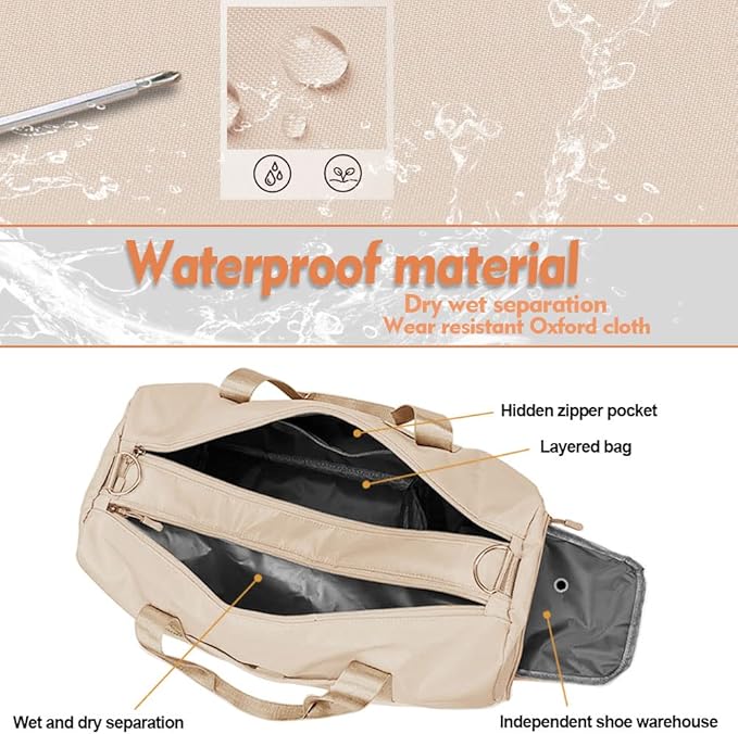 Small Gym Bag for Women and Men, Workout Bag for Sports and Weekend Getaway, Waterproof Dufflebag with Shoe and Wet Clothes Compartments (Beige)