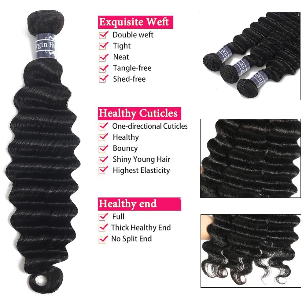 Amella Loose Deep Wave Bundles Human Hair One Bundle 100% Unprocessed Brazilian Virgin Human Hair Bundles Deep Wave Human Hair Bundles Hair Extensions Natural Color For Women 14 inch
