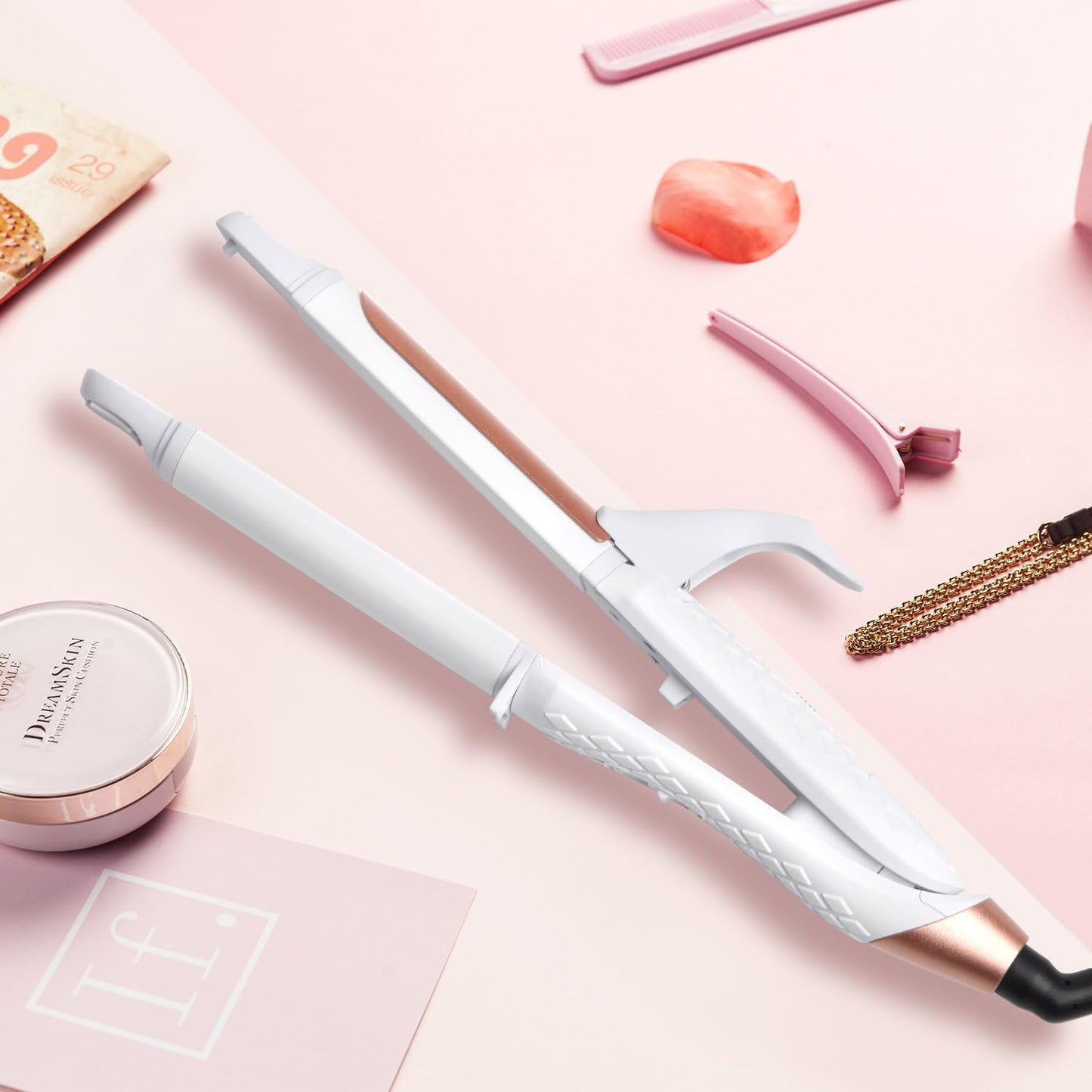 AmoVee Travel Curling Iron, Hair Straightener and Curler in One, Flat Iron Curling Iron in One, Dual Voltage Europe Travel Essentials for Women(White)