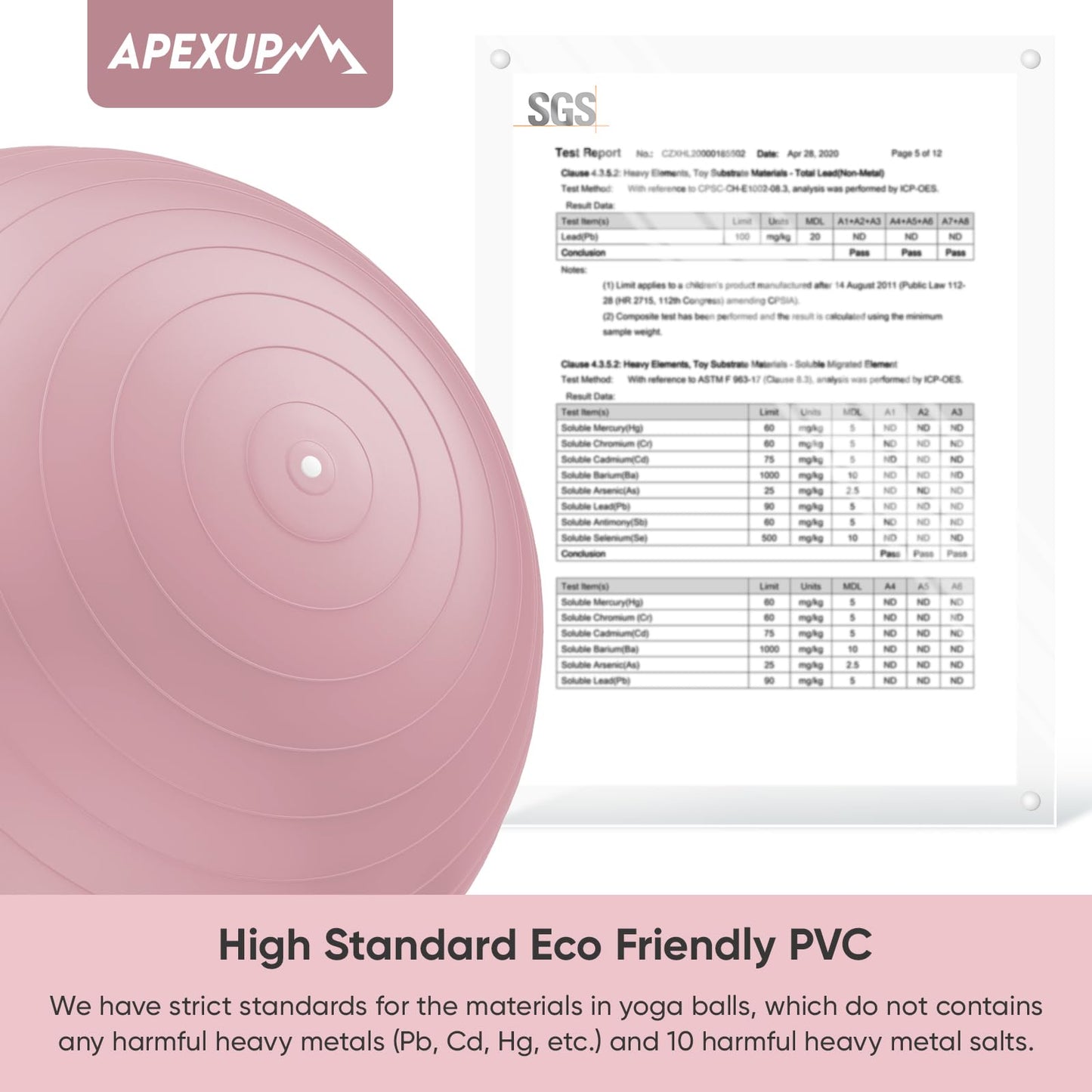 APEXUP Yoga Ball Exercise Ball, Anti Slip Stability Ball Chair, Heavy Duty Large Gym Ball for Fitness, Balance, Core Workout and Physical Therapy (S (15"~18") 45cm, Pink)