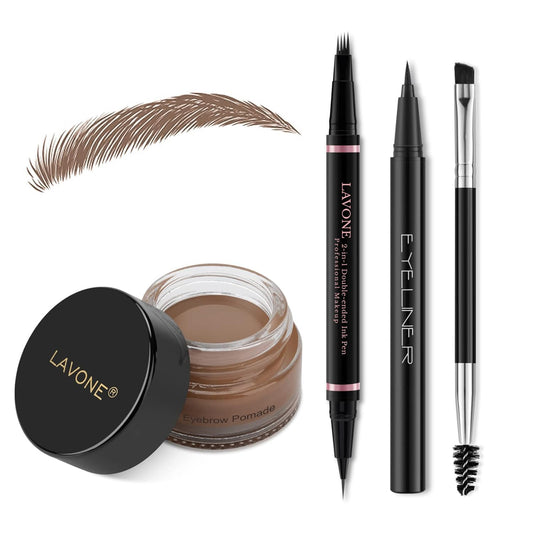 LAVONE Eyebrow Pencil Makeup Kit - Waterproof 2-IN-1 Microblading Pen, Pomade, Eyeliner and Dual-ended Brush - Natural Brow Kit - Chocolate