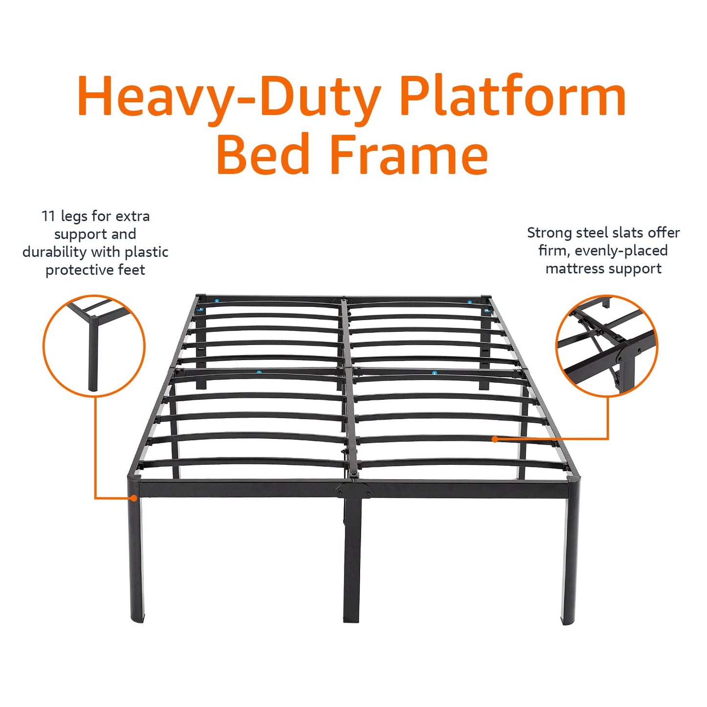 Amazon Basics Sturdy Heavy-Duty Non-Slip Platform Bed Frame Full Size Storage, Steel Slat Support, Noise Free, Easy Assembly, 18 Inch Black