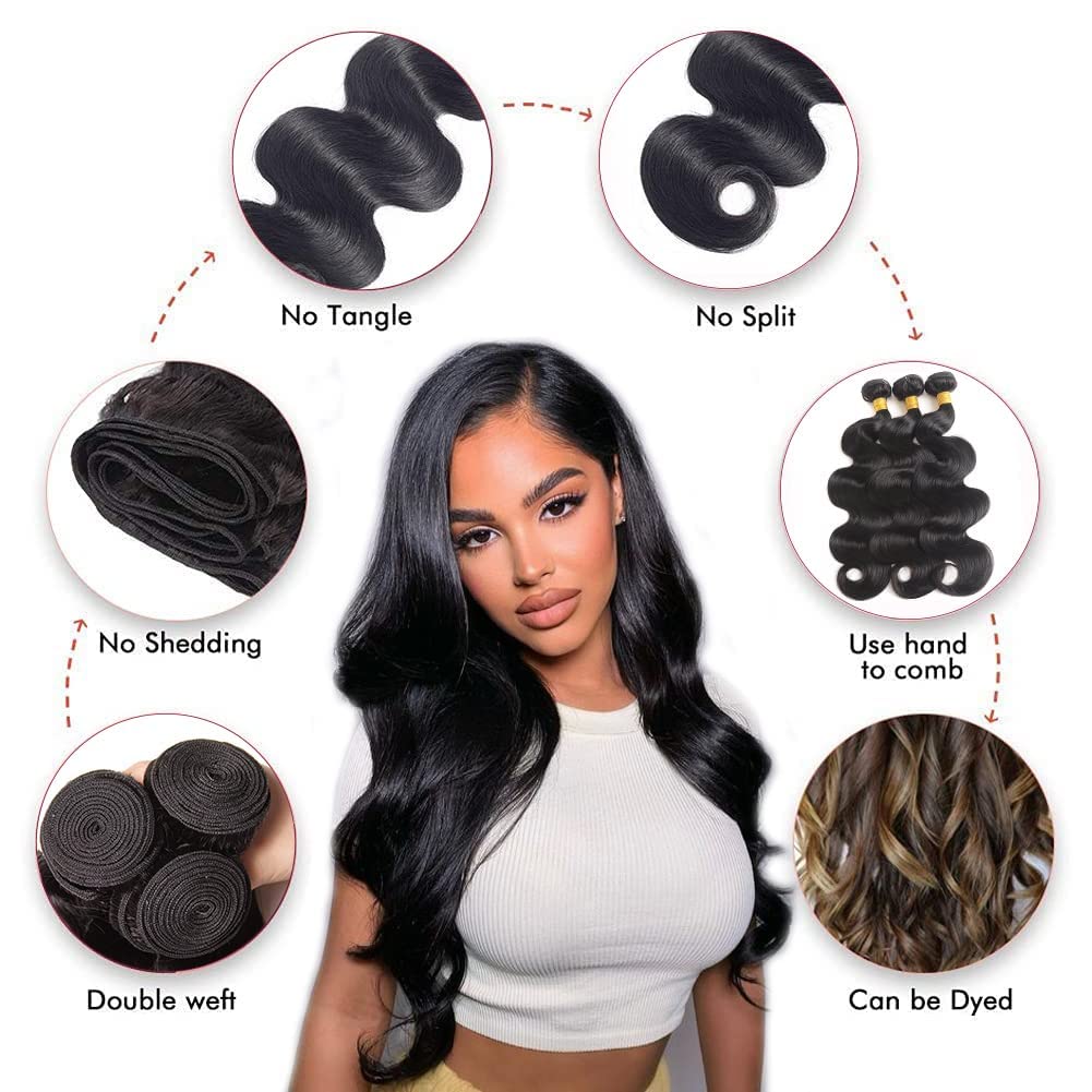 Amskdum Body Wave 3 Human Hair Bundles Extensions 12A Human Hair Weave 100% Unprocessed Brazilian Virgin Human Hair Extensions For Women Natural Black (22" 22" 22")