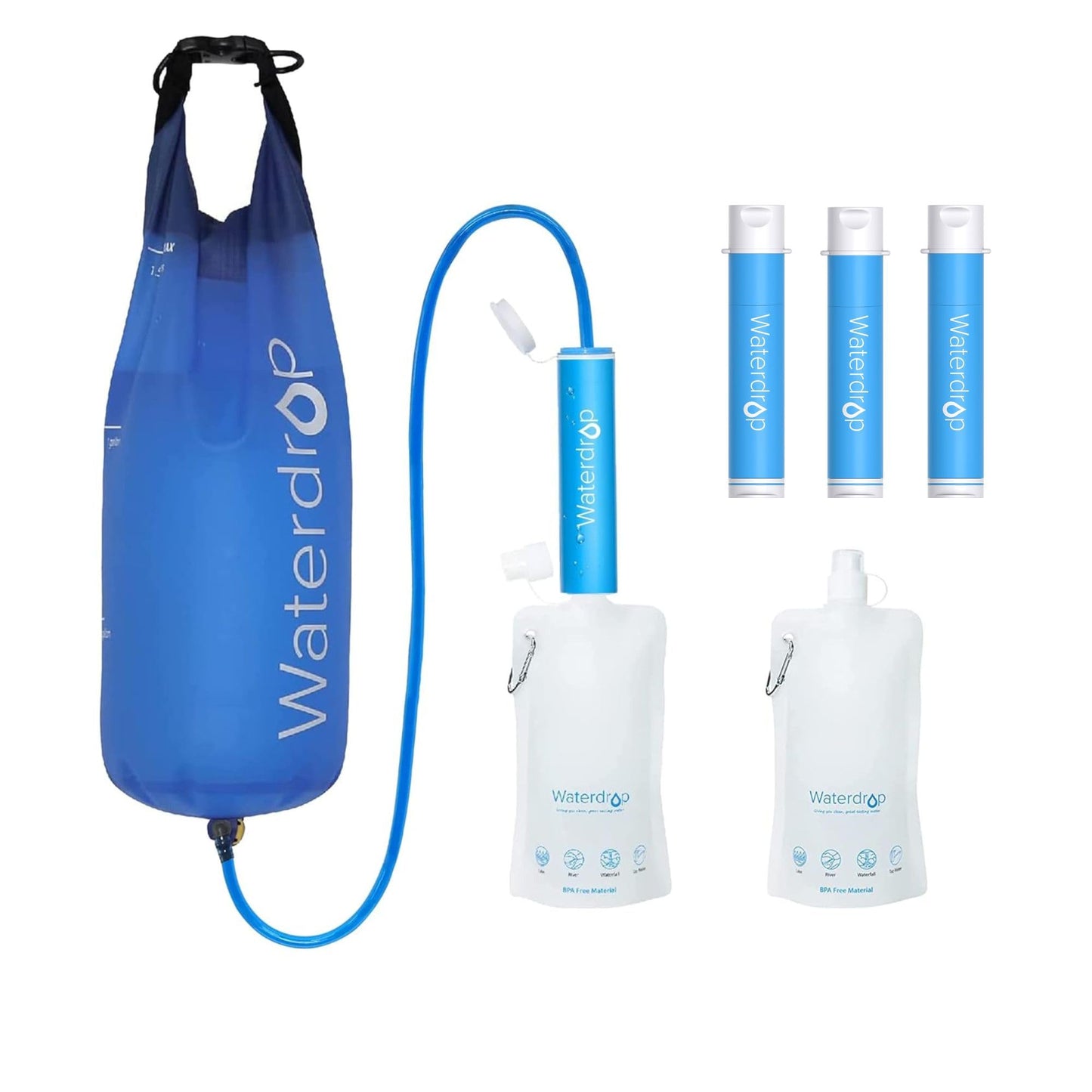 Waterdrop Gravity Water Filter Straw, Camping Water Filtration System, Water Purifier Survival for Travel, Backpacking and Emergency Preparedness, 1.5 gal Bag, 5 Stage Filtration