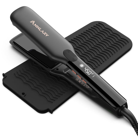 Annlary 1.75 Inch Flat Iron Hair Straightener with Resistant Silicone Mat Pouch, Professional Ceramic Ionic Dual Voltage Straightener with Anti-Iron Silicone for Less Frizz, Shinier & Smoother Hair