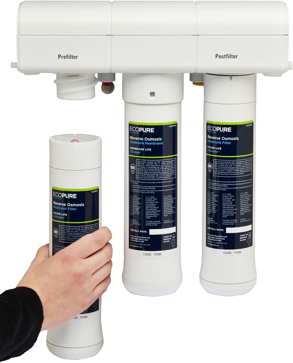 EcoPure Reverse Osmosis Filter and Membrane Set - Includes Membrane ECOROM and Pre/Post Filter Set ECOROF - Includes Reminder Tag - NSF Certified Authentic OEM Parts for ECOP30 RO Unit