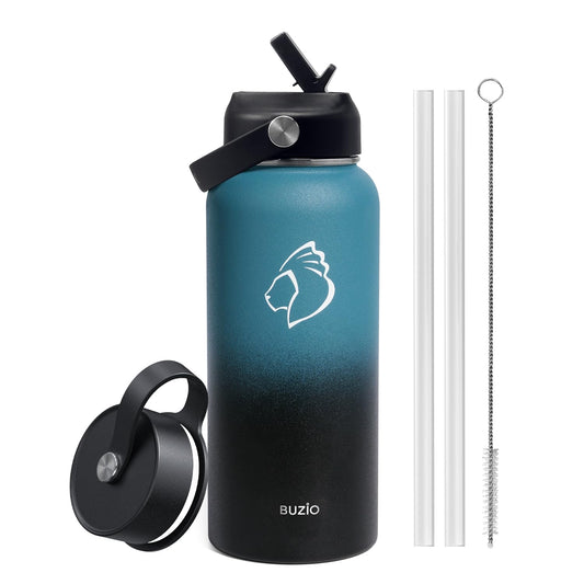 BUZIO Water Bottle with Straw Lid and Flex Cap, 32oz Modern Double Vacuum Stainless Steel Water Flask, Cold for 48 Hrs Hot for 24 Hrs Simple Thermo Canteen Mug, Indigo Black