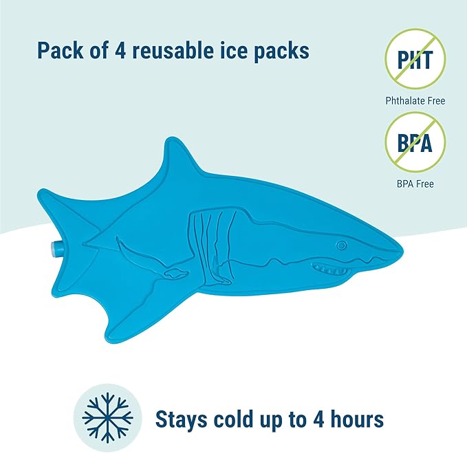 Wildkin Kids Ice Packs (4 Packs) for Boys & Girls, Perfect for Daycare & Preschool Slim & Reusable Ice Packs, Keep Lunches Fresh & Cool for School & Travel, Portable Ice Packs for Kids (Shark)