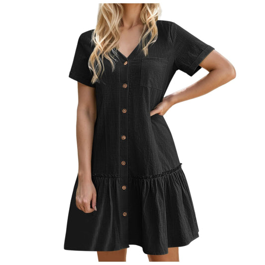 Aniywn Button Dresses for Women 2024 Casual Loose Summer Cotton Linen Dress Ruffle Hem Casual Dress Short Sleeve Tunic Dress
