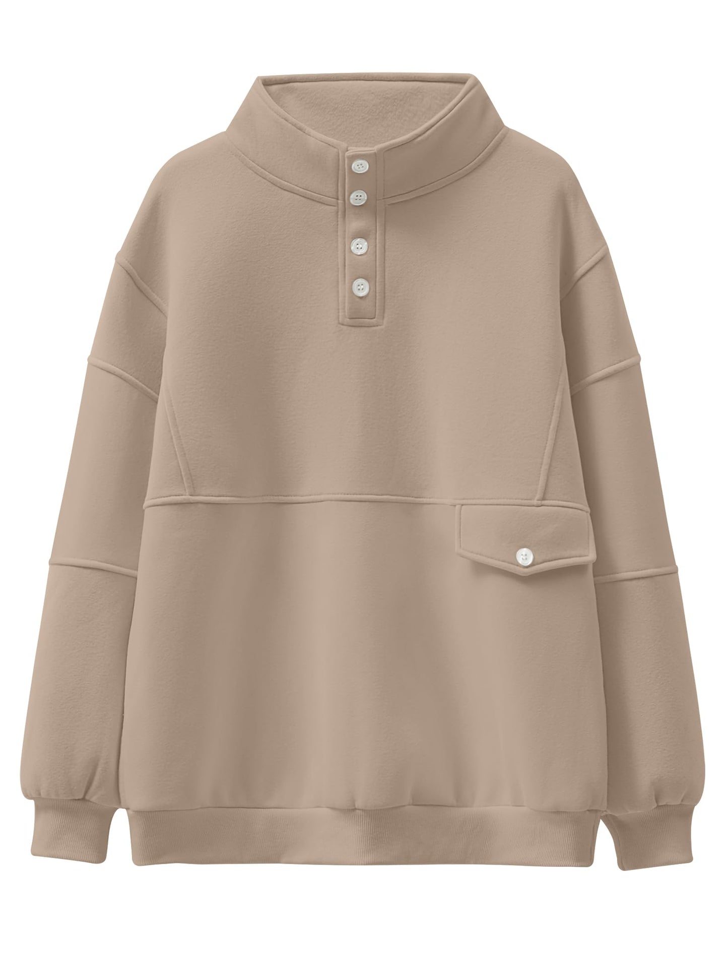 ANRABESS Women Oversized Sweatshirts Long Sleeve Color Block/Solid Button Fleece Pullover Hoodie 2024 Winter Cute 90s Outfit Khaki Medium