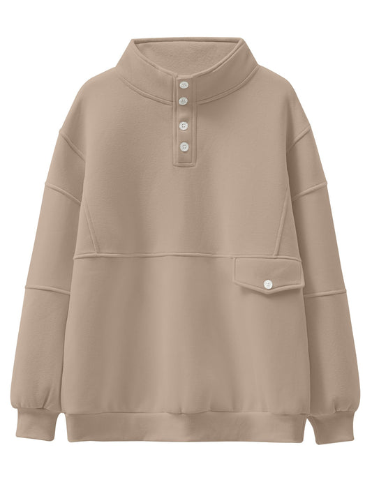 ANRABESS Women Oversized Sweatshirts Long Sleeve Color Block/Solid Button Fleece Pullover Hoodie 2024 Winter Cute 90s Outfit Khaki Medium