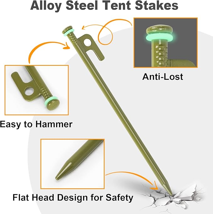 10 inch Tent Stakes Heavy Duty 12 PCS Camping Tent Stakes for Yard and Ground with Reflective Camping Ropes and Pegs Bag(ArmyGreen)