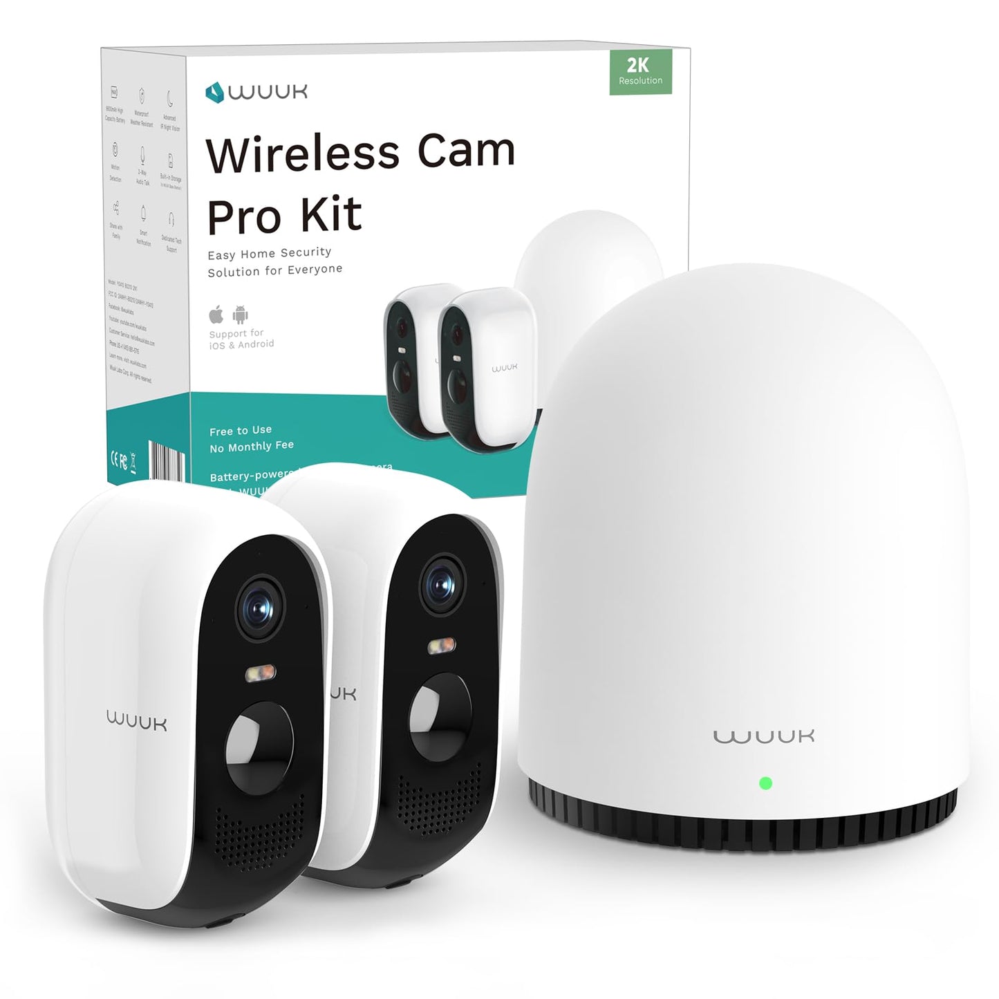 WUUK Indoor Outdoor Security Camera Wireless 2K, Homebase + 2 Cameras, No Monthly Fees, 32GB Storage, 2.4/5 GHz WiFi, 240 Days Battery Life, Night Vision, Compatible with Alexa & Google