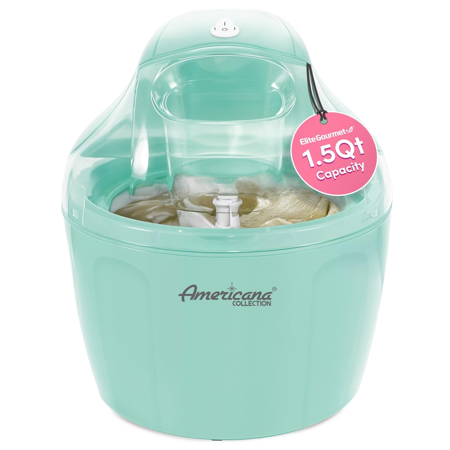Americana EIM-1400M 1.5 Qt Freezer Bowl Automatic Easy Homemade Electric Ice Cream Maker, Ingredient Chute, On/Off Switch, No Salt Needed, Creamy Ice Cream, Gelato, Frozen Yogurt, Sorbet, Recipe Book
