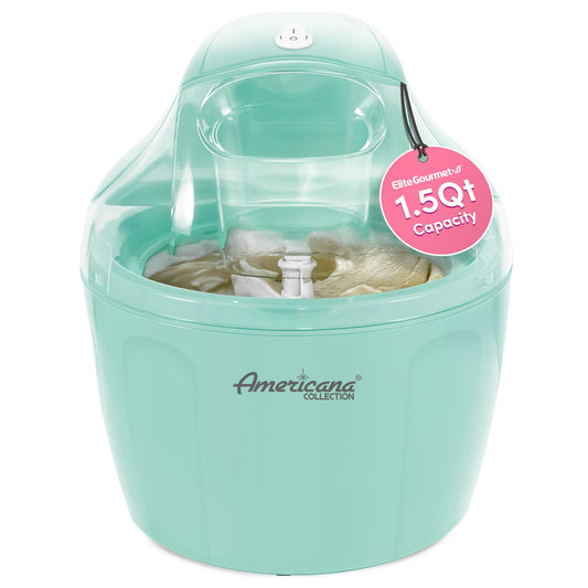 Americana EIM-1400M 1.5 Qt Freezer Bowl Automatic Easy Homemade Electric Ice Cream Maker, Ingredient Chute, On/Off Switch, No Salt Needed, Creamy Ice Cream, Gelato, Frozen Yogurt, Sorbet, Recipe Book