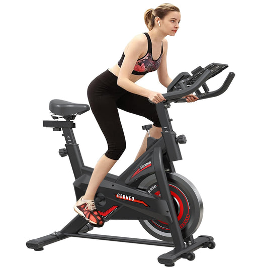 GEONEO Exercise Bike Stationary Indoor Cycling Bike with LCD Monitor, Pad Mount, Adjustable Seat, Silent Belt Drive, Black