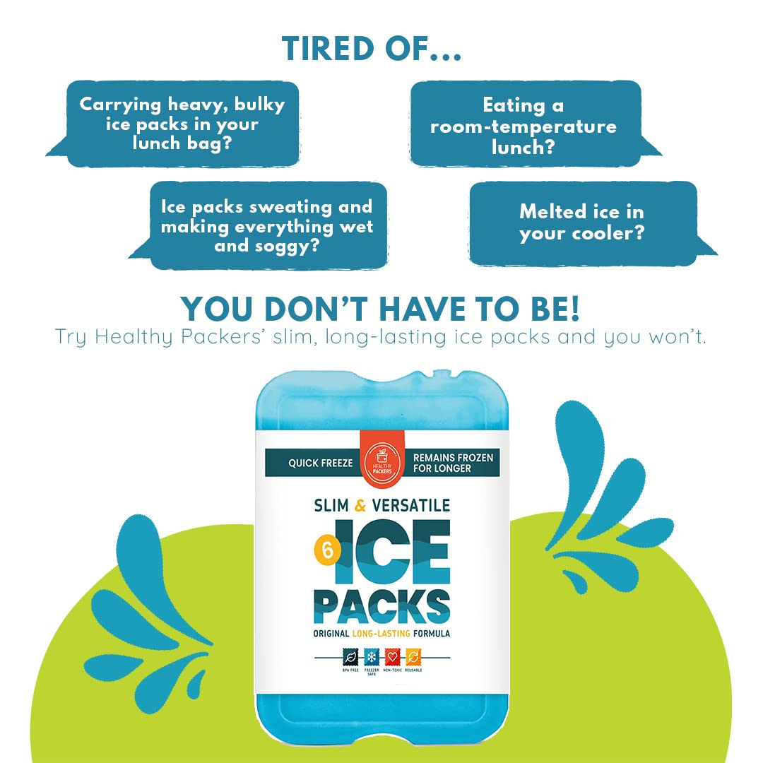 Healthy Packers Ice Packs for Lunch Bags - Original Cool Pack | Slim & Long-Lasting Reusable Ice Pack for Lunch Box, Lunch Bag and Cooler | Freezer Packs for Coolers (Set of 6)