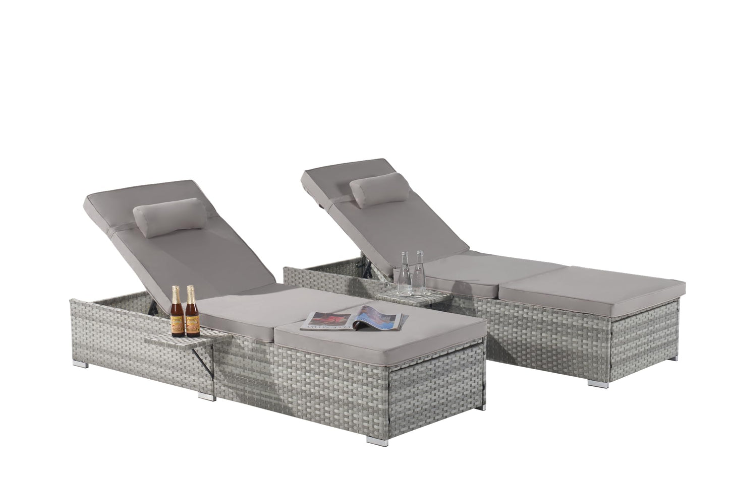 YOPTO Outdoor Chaise Lounge Chair Set of 2,Beach Rattan Recliners with 5-Position Adjustable Backrest and Table,Weatherproof Garden & Outdoor Furniture for Poolside,Light Gray