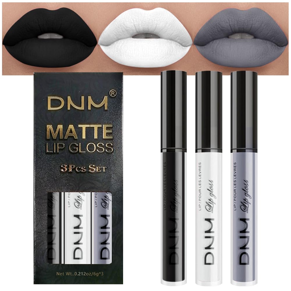 AMY'S DIARY Black White Gray Matte Plum Liquid Lipstick 3Pcs Sets,24-hour Lipstick Long Lasting Permanent L Magic Lipstick Waterproof Lip Stain 24 Smudge Waterproof for Women (Set16)