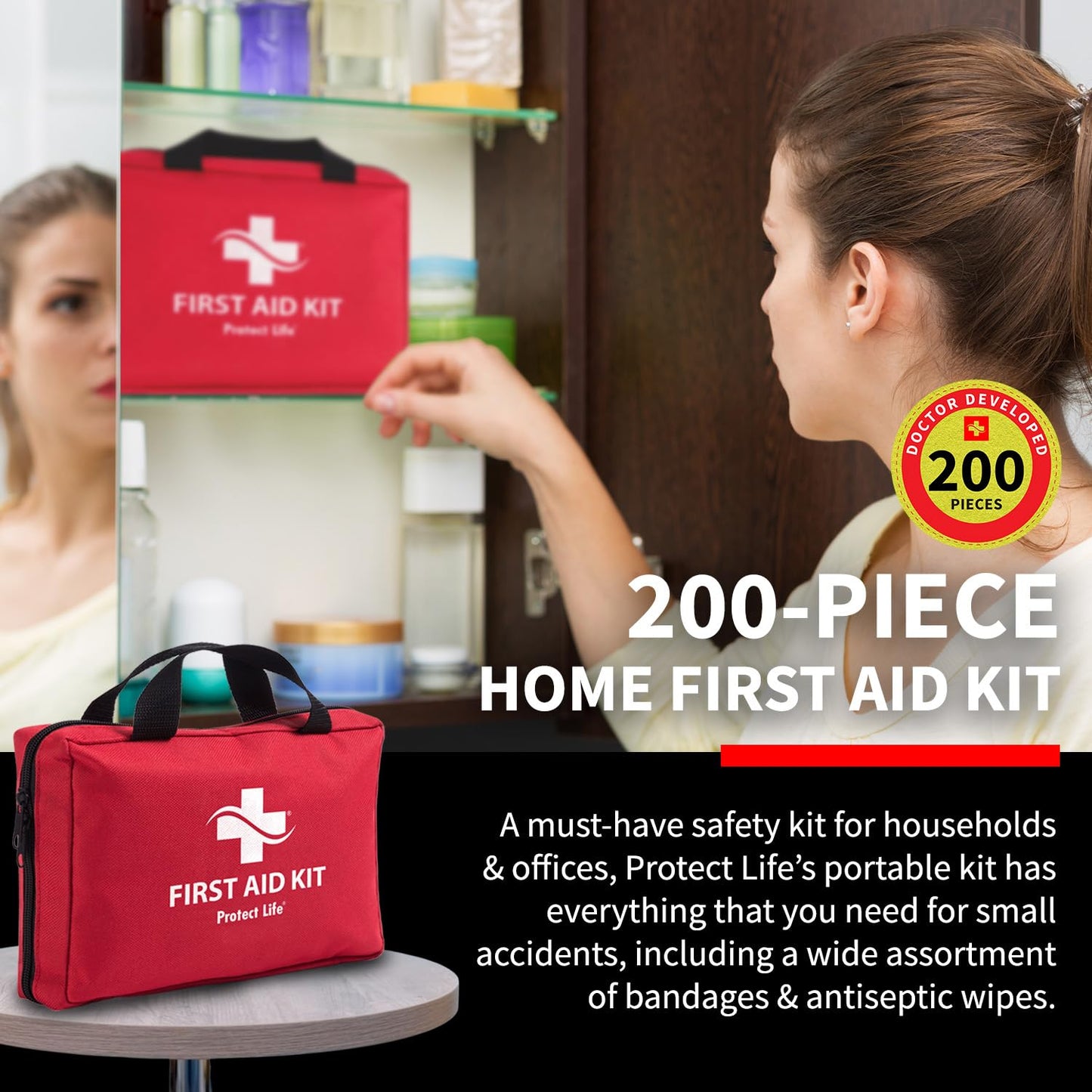 Protect Life First Aid Kit for Home/Business, HSA/FSA Eligible Emergency Kit - Medical First Aid Kit - Camping First Aid Kit Hiking - 200pcs