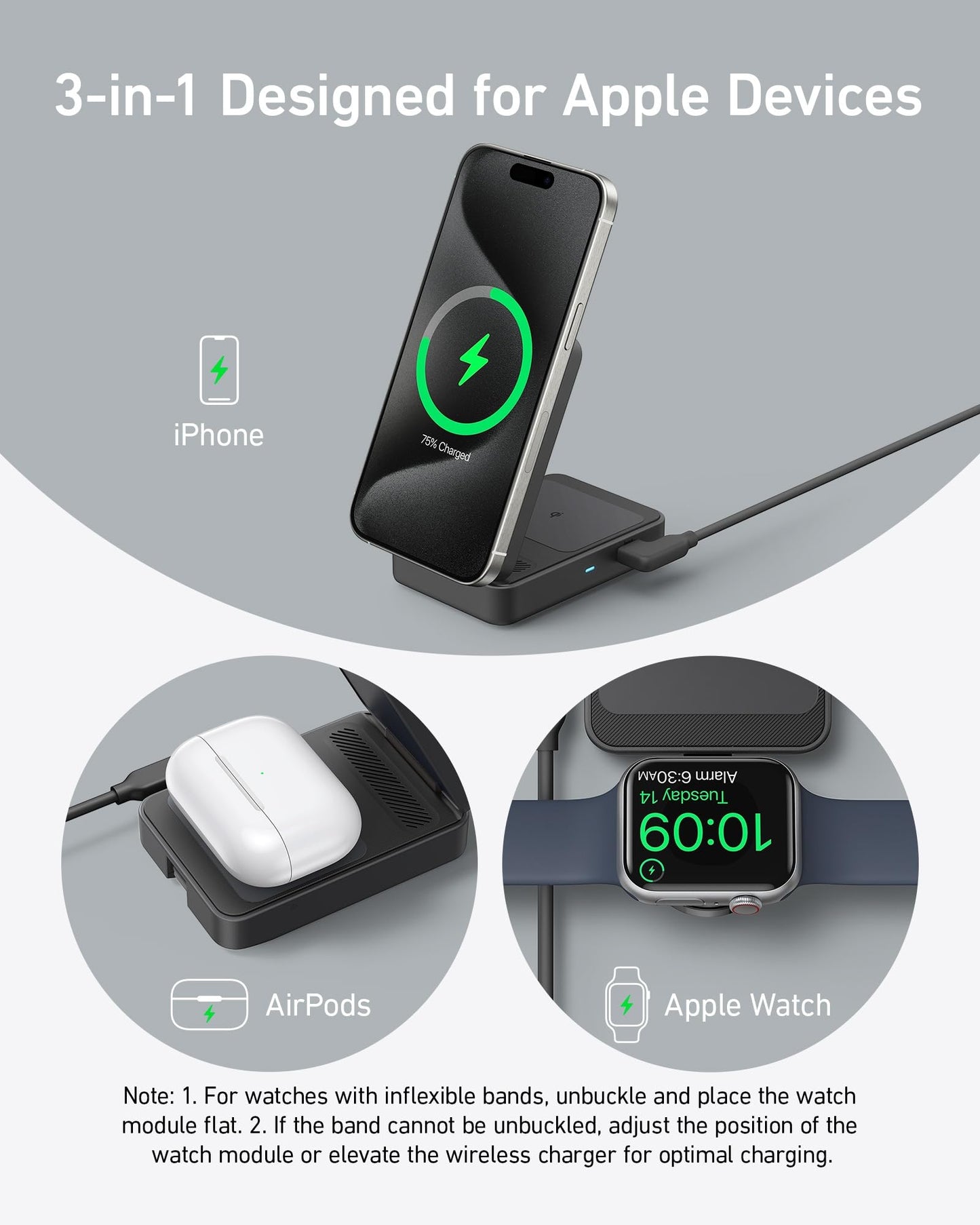 Anker MagGo 3 in 1 iPhone 16 Charging Station, MagSafe-Compatible Wireless Charger Stand, Qi2 Certified 15W Foldable Charger for iPhone 15, AirPods, Apple Watch 9 (Not a Power Bank, Adapter Included)