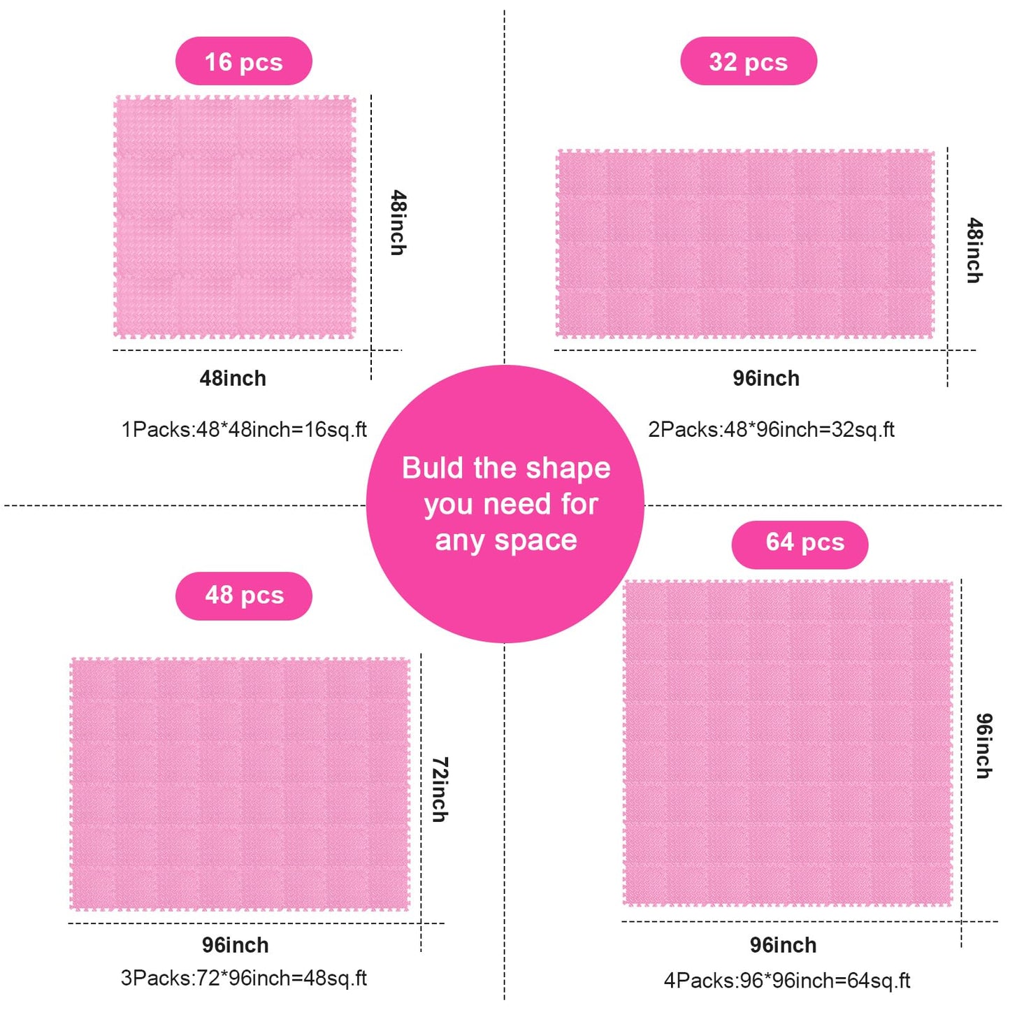 Shihanee Foam Floor Baby Tiles Foam Floor Mats Play Mats Bulk with Borders Interlocking for Kids Baby Playroom Nursery Gym (Light Pink,16ft)