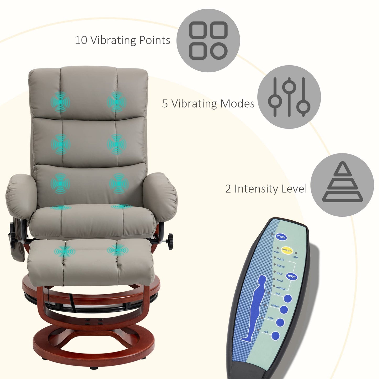 HOMCOM Massage Recliner Chair with Ottoman, Swivel Recliner and Footrest, Faux Leather Reclining Chair with Remote Control, 10 Vibration Point and Side Pocket, Gray