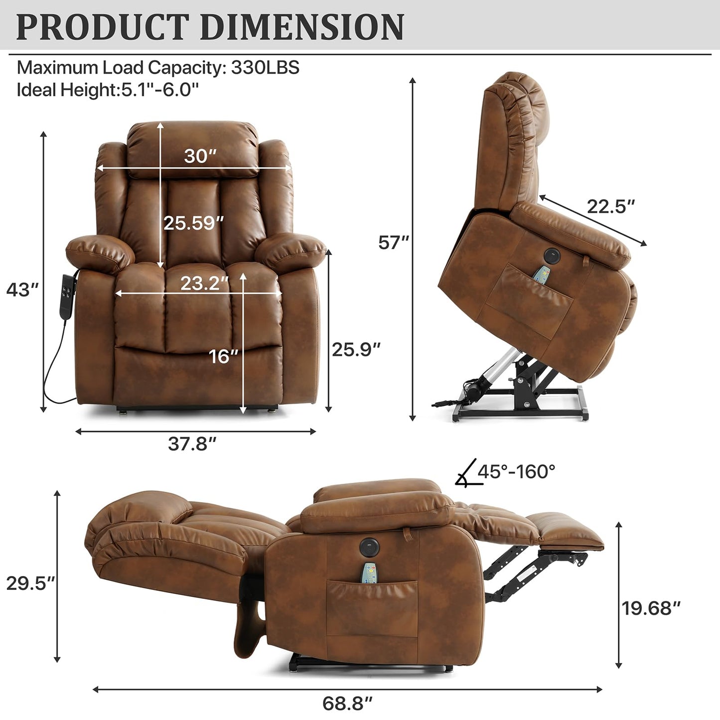 KIMOHOME Dual Motor Large Power Lift Recliner Chair Recliners for Elderly, Infinite Position Recliner Chair with Heat and Massage, Breathable Leather(Ochre)