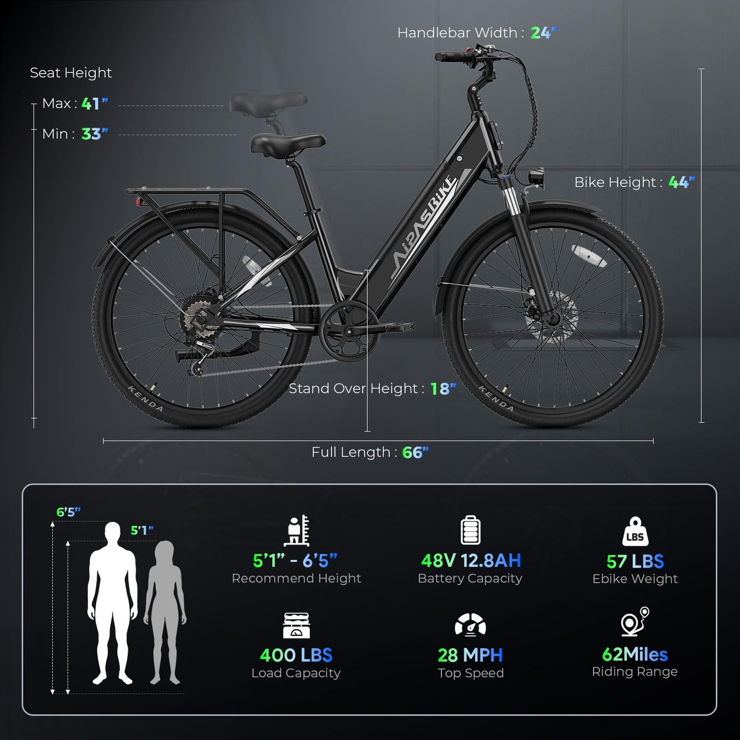 Aipas C1 Plus Electric Bike for Adults with 1100W Motor Peak, 48V 12.8Ah, Max 62 Miles 28MPH, 26" Step-Thru Electric Commuter Bike with 7-Speed and Suspension System with Basket Combo.