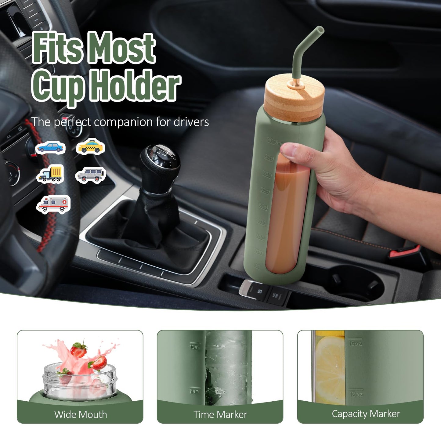 Kodrine Glass Water Bottles 32 oz Water Bottle with Straw, Sports Water Bottle with Handle, Clear Water Bottle with 2 lids Bamboo Lid and Spout Lid, Wide Mouth Water Bottle with Sleeve, Olive