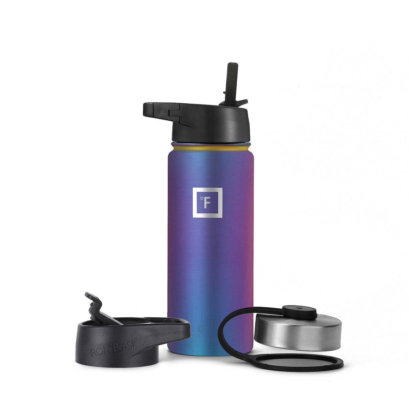 IRON °FLASK Camping & Hiking Hydration Flask, Wide Mouth, 3 Straw Lids, Stainless Steel Outdoor Water Bottle, Double Walled, Insulated Thermos, Metal Canteen - Aurora, 18 Oz