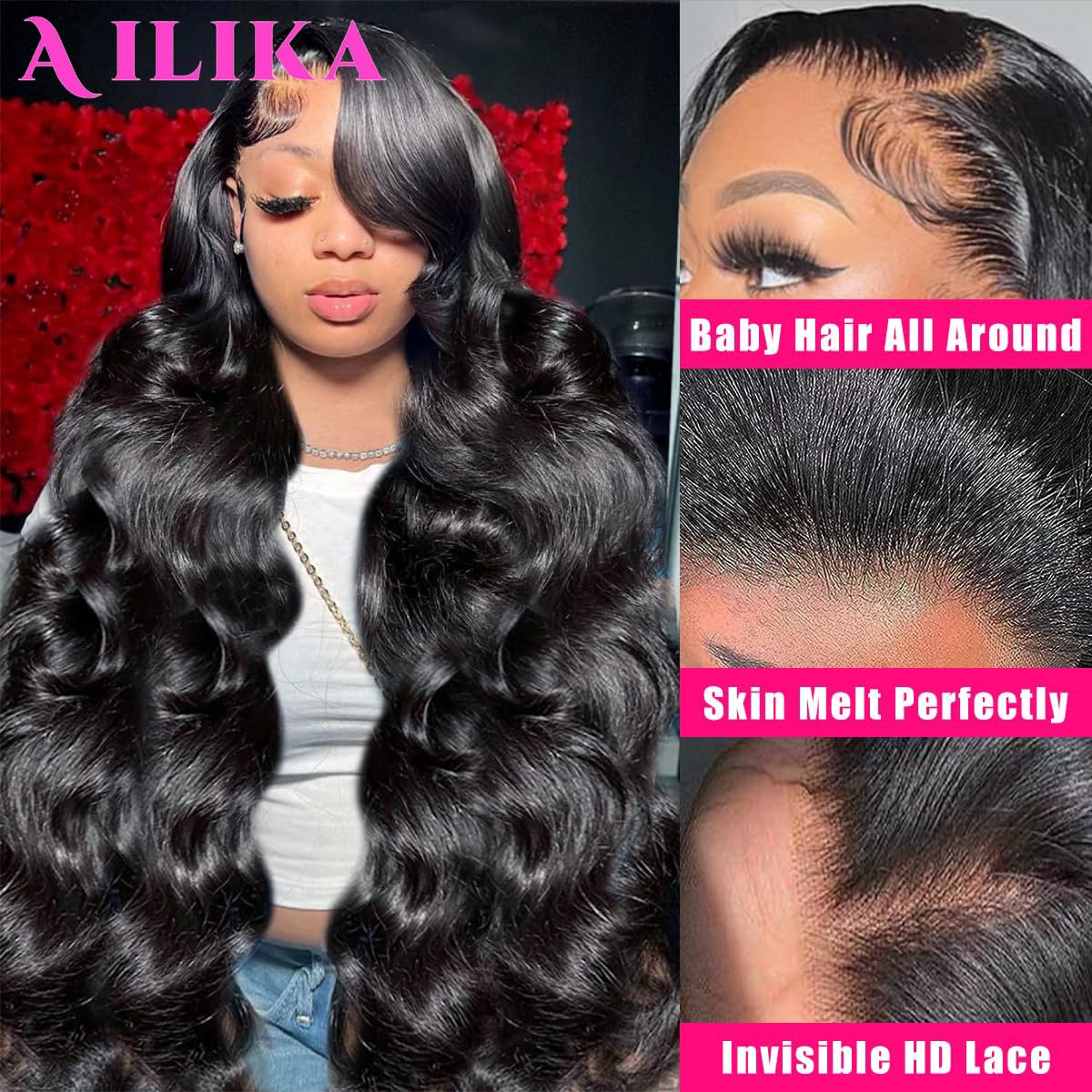 AILIKA 30 Inch13*4 HD Transparent Lace Front Wig Body Wave Human Hair Pre Plucked 180 Density With Baby Hair Natural Hairline Wig For Black Women.